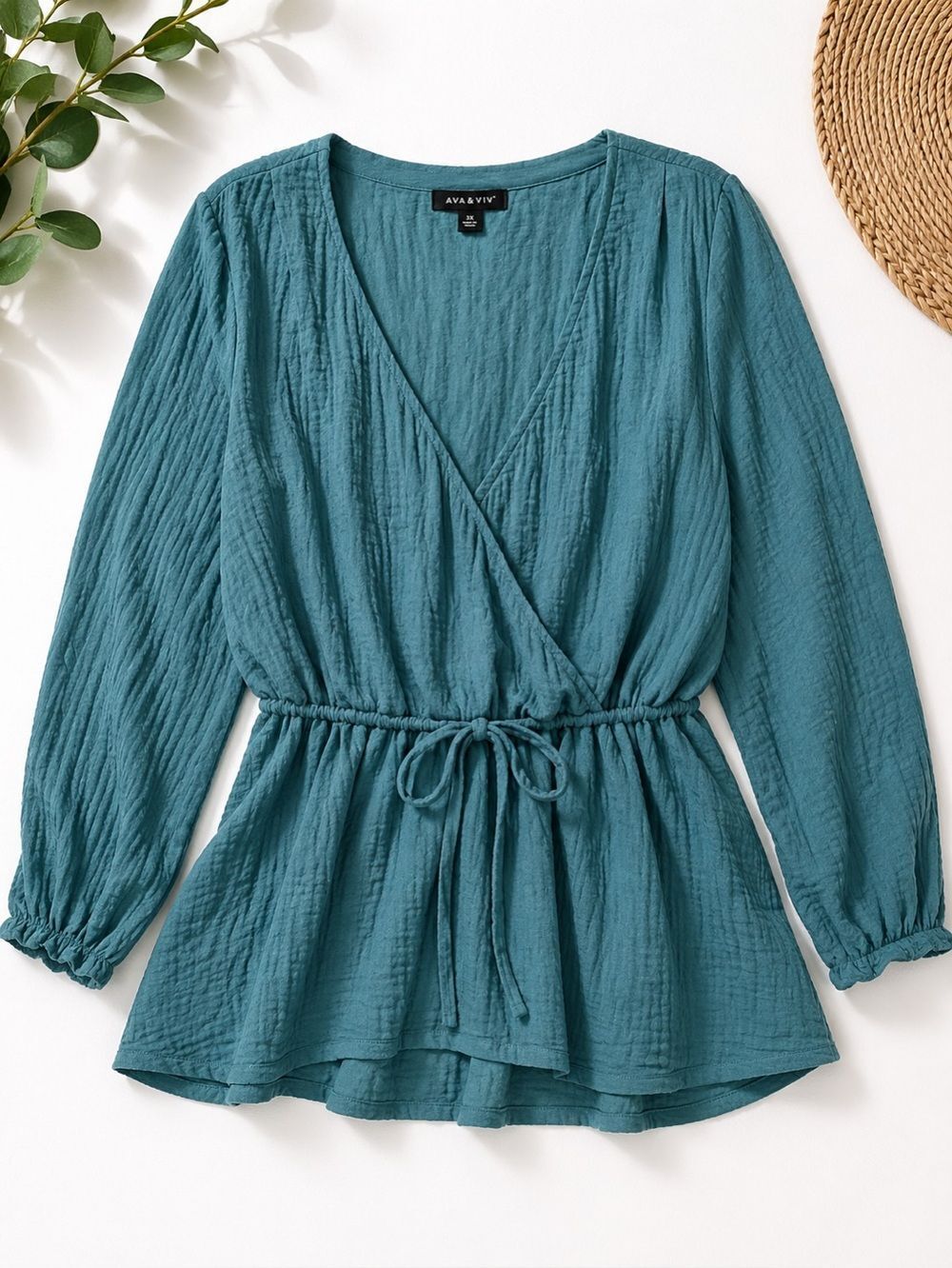 Ava Viv 3X Boho Peplum Blouse Gauze Tie Waist Flowy V Neck Green